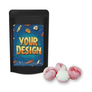 Erdbeer-Joghurt Bonbons im Midi Standbeutel schwarz mit Werbeetikett