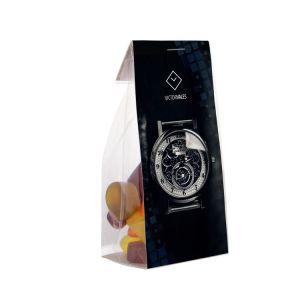 100 g Fruchtgummi in Standbodenbeutel mit großem Werbereiter