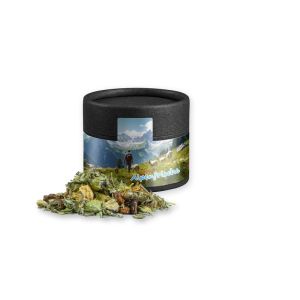 15 g Kräutertee Bergtee & Zitrus in Kraftpapierdose Mini schwarz mit Werbebanderole