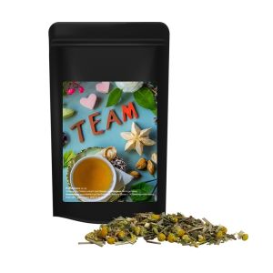 Bio Kräutertee Kräuterfantasie im Midi Standbeutel schwarz mit Werbeetikett