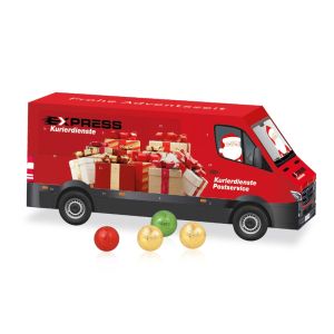 3D Adventskalender LKW mit Fairtrade Schokolade Inlay aus Papier und Rundum-Werbedruck