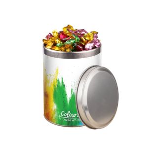 Metalic sweets in silberner Runddose mit Werbebanderole