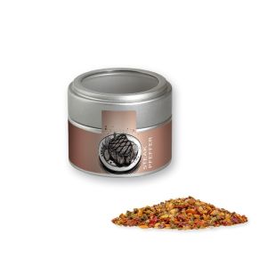 Steak Pfeffer in silbener Mini Metalldose mit Sichtfenster und Werbebanderole
