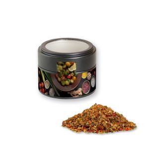 Gewürzmischung Mediterraner Veggie Mix in schwarzer Mini Metalldose mit Sichtfenster und Werbebanderole
