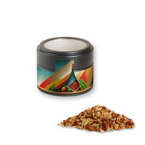 Gewürzmischung HOT Karibik Mix in schwarzer Mini Metalldose mit Sichtfenster und Werbebanderole