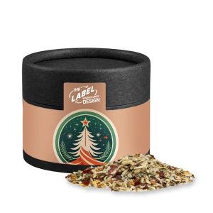 Bio Weihnachts Gewürzmischung Braten in Kraftpapierdose Mini schwarz mit Werbebanderole