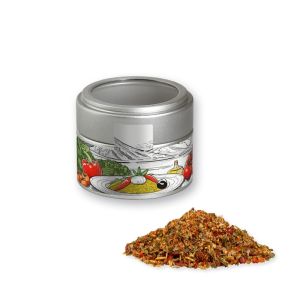 Mediterraner Veggie Mix in silbener Mini Metalldose mit Sichtfenster und Werbebanderole