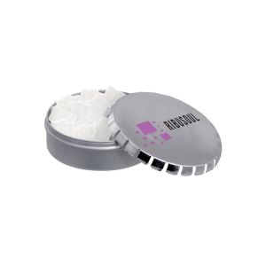 50 g Pfefferminzpastillen in Koffer-Form in Metalldose mit Werbedruck