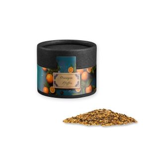 Gewürzmischung Orangen-Pfeffer in Kraftpapierdose Mini schwarz mit Werbebanderole