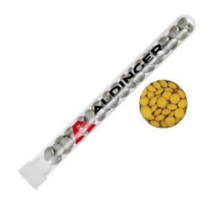 16 g gelbe Schoko-Linsen im Reagenzglas mit Tampondruck