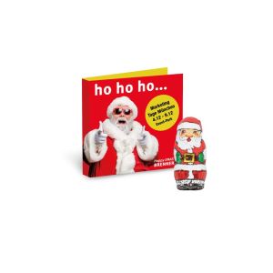 Werbe-Klappkarte mit Weihnachtsmann Fairtrade Schokolade und Rundum-Werbedruck