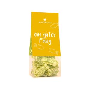 50 g gelbe Bonbons in Fischform im transparenten Standbeutel mit beidseitig bedruckbarem Werbereiter