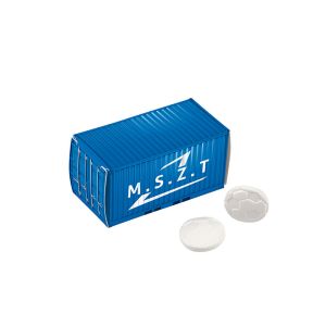 Pfefferminz in Fußball-Form Faltschachtel aus Kartonage in Container-Design und Werbedruck