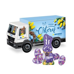 3D Präsent LKW Ostern mit Schokoladenmischung von Milka und Werbedruck