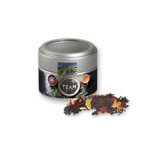 Bio Weihnachts Schwarztee in silbener Mini Metalldose mit Sichtfenster und Werbebanderole