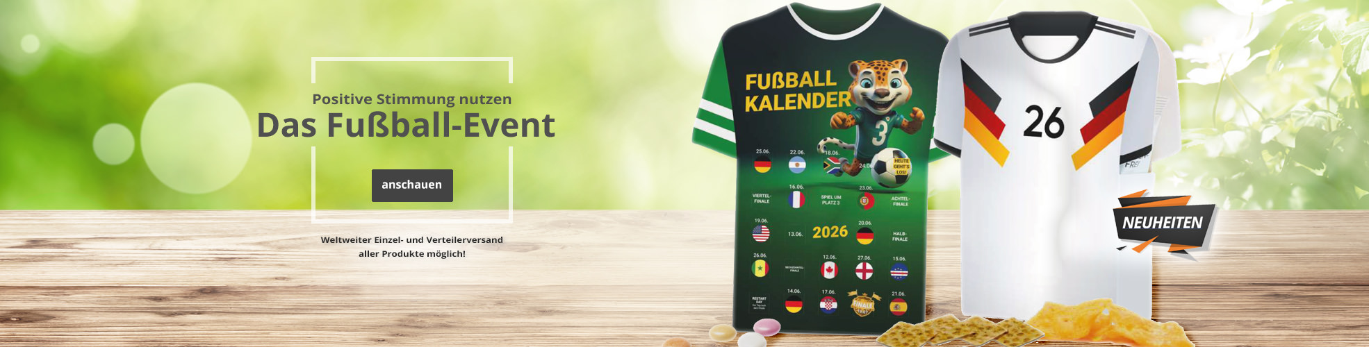 Ideale Werbeträger zur weltweiten Fußballmeisterschaft. Nutzen Sie die positiven Stimmungen rund um das Fußball-Event 2026 um Ihr Unternehmen glänzen zu lassen.