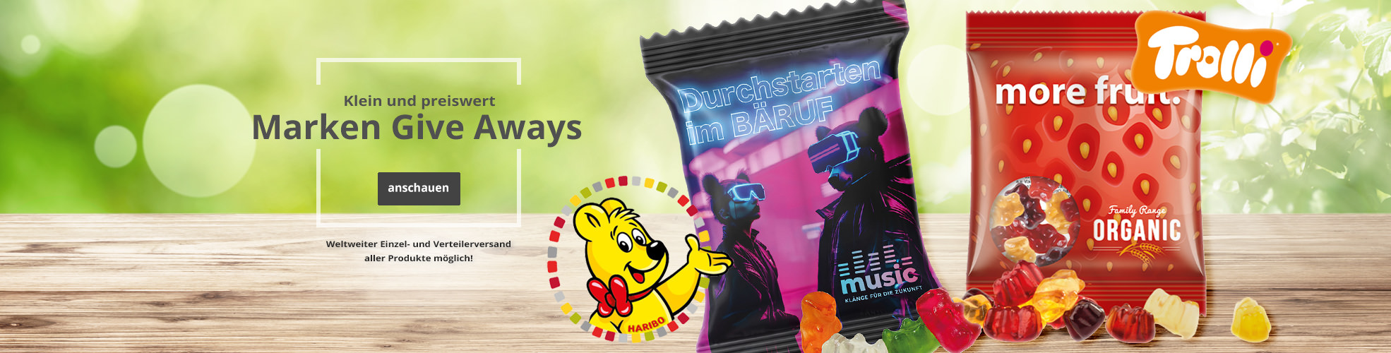 Preiswerte Give Aways mit Marken von z.B. von HARIBO oder Trolli. Jetzt bei SweetPromotion.