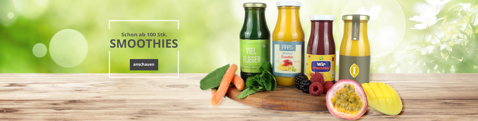 Smoothies als Werbeartikel für Messen und Events. Gesund und lecker!