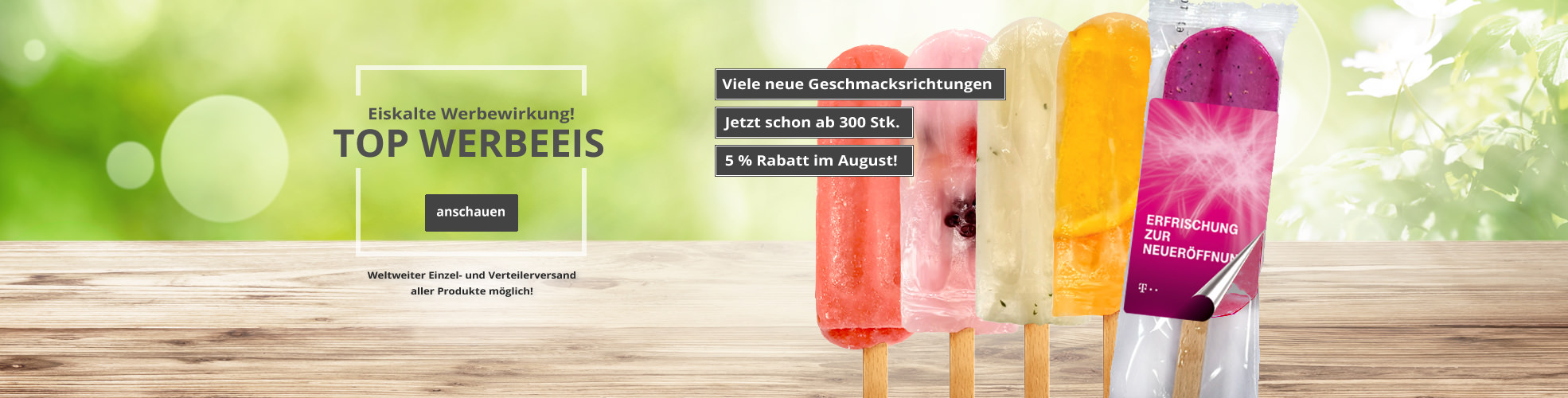 Werbeeis mit Ihrer Werbebostschaft. Im bedruckbaren Flowpack oder mit Etikett. Jetzt schon ab 300 Stk.