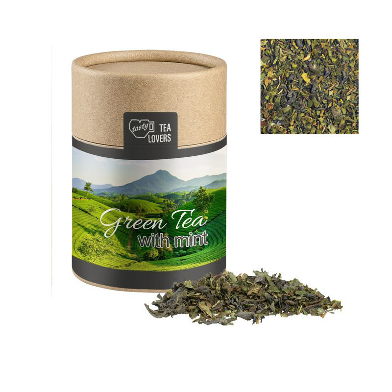 35 g Grüner Bio Tee mit Minze in kompostierbarer Pappdose mit Werbeetikett