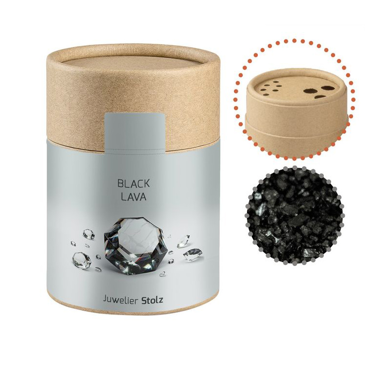 100 g Black Lava Salz im biologisch abbaubarem Pappstreuer mit Werbeetikett