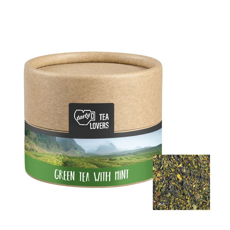 10 g Grüner Bio Tee mit Minze in kompostierbarer Pappdose mit Werbeetikett