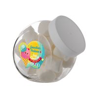 0,9 Liter Schräghalsglas befüllt mit Marshmallows und mit Werbeetikett Bild 2