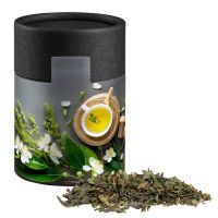 Bio Grüner Tee mit Minze in biologisch abbaubarer Eco Midi Pappdose schwarz mit Werbebanderole Bild 1