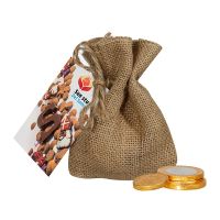 50 g Schokoladenmünzen im Jutesack mit Werbekarte Bild 1