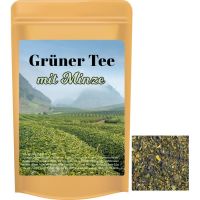 12 g Bio Tee Grüner Tee mit Minze im Mini Doypack mit Werbeetikett Bild 1