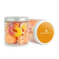 165 g oranger Süßigkeiten-Mix in Naschdose mit Werbeetikett Bild 1