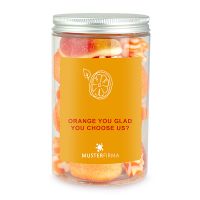 300 g orangener Süßigkeiten-Mix in Naschdose mit Werbeetikett Bild 1