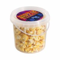 60 g salziges Popcorn im transparenten Eimer mit Werbe-Etikett Bild 1
