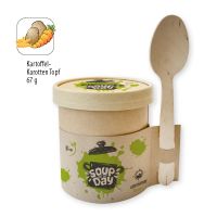Bio Instant Suppe Kartoffel-Karotten Topf im Graspapierbecher mit Werbedruck Bild 1