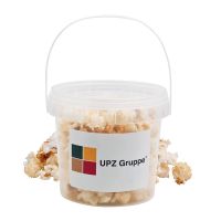 30 g süßes Popcorn im transparenten Eimer mit Werbe-Etikett Bild 1