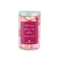 300 g rosa Süßigkeiten-Mix in Naschdose mit Werbeetikett Bild 1