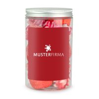 300 g roter Süßigkeiten-Mix in Naschdose mit Werbeetikett Bild 1