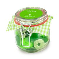 320 g grüner Süßigkeiten-Mix im Bügelglas mit Werbeetikett Bild 1