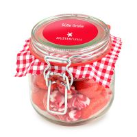 320 g roter Süßigkeiten-Mix im Bügelglas mit Werbeetikett Bild 1