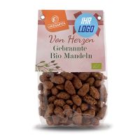 150 g LANDGARTEN Bio gebrannte Mandeln im Standbodenbeutel mit Werbeaufkleber Bild 1