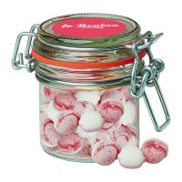 60 g Erdbeer-Joghurt Bonbons im Mini Bonbonglas mit Werbeetikett Bild 1