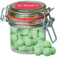 60 g Waldmeister-Brause Bonbons im Mini Bügelglas mit Werbeetikett Bild 1