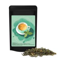 Bio Grüner Tee mit Minze im Mini Standbeutel schwarz mit Werbeetikett Bild 1