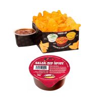 Paprika-Chili Nachos mit Salsa Dip Spicy in Portionsbox mit Werbeschuber Bild 2