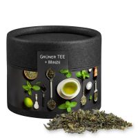 Bio Grüner Tee mit Minze in biologisch abbaubarer Eco Mini Pappdose schwarz mit Werbebanderole Bild 1