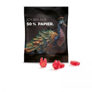 10 g Fruchtgummi Sonderform in Werbetütchen mit 50 % Papieranteil und Werbedruck