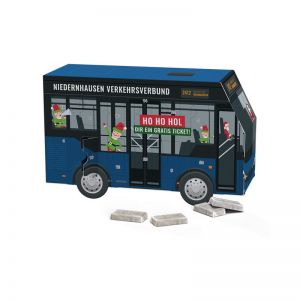 3D Adventskalender Bus Schokotäfelchen in Pergaminpapier mit Werbedruck