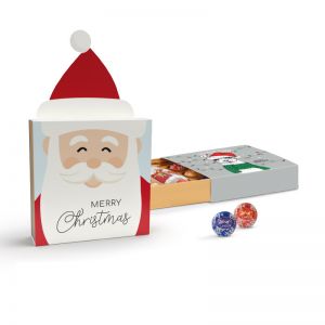 44 g Mini Pralinés im Werbeschuber mit Weihnachtsmütze und Bedruckung