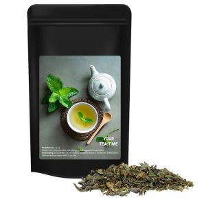 Bio Grüner Tee mit Minze im Midi Standbeutel schwarz mit Werbeetikett