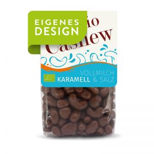 170 g LANDGARTEN Bio Cashews geröstet VM Karamell im Standbodenbeutel und Werbereiter